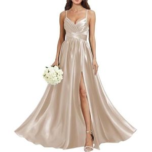 HPPEE Satijnen bruidsmeisjesjurk met V-hals, voor bruiloft, spaghettibandjes, galajurk, lange baljurk, Champagne, 32