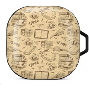 Vintage boeken schets oordopjes hoesje compatibel met Samsung hard shell beschermhoes zwart-stijl