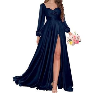 AHERKLL Bruidsmeisjesjurken met lange mouwen voor bruiloft, satijnen formele avondfeest, maxi-jurk met split HAH056, Donkerblauw, 42