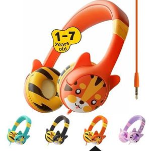 Kidrox Tiger-Ear Kinderkoptelefoon Jongens/Meisjes - 85db Begrensd Volume, Peuterkoptelefoon met draad voor School, Verstelbare Hoofdband, Knoopvrije Draad, Schattig Ontwerp, Kleine Orange On-Ear Koptelefoon voor Kinderen