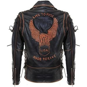 Heren Vintage zwarte Brando ""Live to Ride"" reliëf Eagle lederen biker motorjas - zwart - L