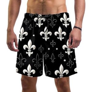 PAFEFO Nieuwigheid boardshorts voor heren, strandvakantie, feest, sneldrogende badpakken met zilver-zwart-wit Fleur de Lis-ontwerpen, Zilver Zwart Wit Fleur De Lis, XXL