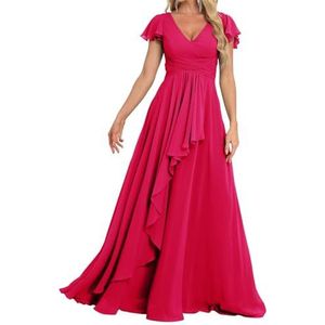 Prinses Bruidsmeisjes Jurken Flutter Mouw Galajurken Chiffon Formele Avondfeest Maxi Jurk met Split ZM189, roze (hot pink), 32