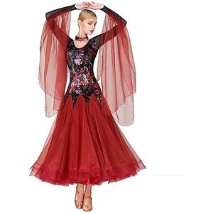 MLYYX Tango Rolkostuum van fluweel, bedrukte balzaal, optredingsjurken, moderne dansjurk volgens nationale standaard, ronde kraag, Flamenco, trainingskleding, danskleding, wijnrood, S