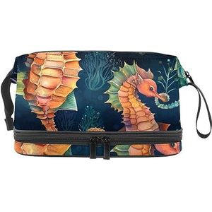 Dubbele Laag Cosmetische Tas Zeepaardjes Leuke Draagbare Make-up Tas Reizen Organizer Pouch voor Vrouwen Meisjes Toiletartikelen Tassen, Multi 7, 27x15x14 cm/10.6x5.9x5.5 in, Make-up zakje