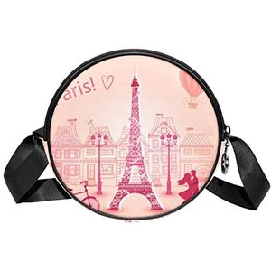 Messenger Bag Paris Eiffeltoren Valentines Roze Liefde Crossbody Tas voor Vrouwen Rond, Meerkleurig, 6.7x6.7x2.3 in, Sling Rugzakken