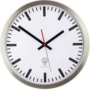 Eurotime Draadloze wandklok, 40 cm, roestvrijstalen behuizing zilver, echt glas, stationwijzerplaat, automatische tijd- en tijdverandering, wandklok voor woonkamer of kantoor, rood, alleen voor