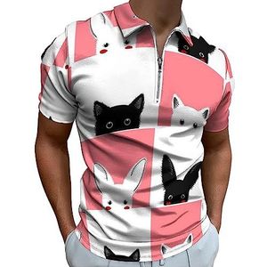 Zwart Wit Kat Konijn Schaakbord Polo Shirt Voor Mannen Casual Rits Kraag T-shirts Golf Tops Slim Fit