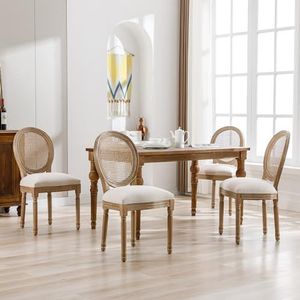 Aunvla Louis Eetkamerstoelen, 4-delige set, keukenstoelen met rotan rugleuning, gestoffeerde stoel met ronde rugleuning, medaillon stoel, poten van massief hout, gevoerde zitting van linnen, crème