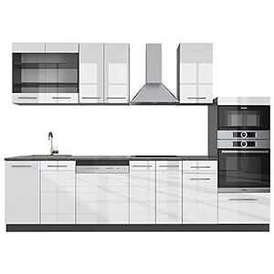 Livinity Kitchenette Fame-Line, wit hoogglans/antraciet, 300 cm met hoge kast, AP eiken