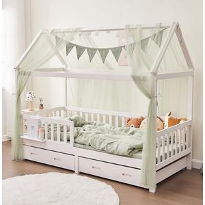 ALAVYA HOME® 4-delige decoratieset voor huisbed, met 2 stuks bedhemel, 1 vlaggetjesslinger 300 cm lang, voor kinderbed kinderkamer, vlaggetjesslinger, 100% biologisch katoen, 150 x 350 cm, met