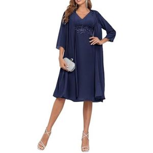 2 Stuks Moeder van de Bruid Jurk voor Bruiloft 3/4 Mouwen Chiffon Avond Prom Jassen met Jas, Donkerblauw, 32