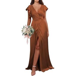 HPPEE Flutter Mouw V-hals Satijn Bruidsmeisjesjurken voor Vrouwen A-lijn Strand Bruiloft Gast Jurk Formele Jurk, Verbrand Oranje, 32