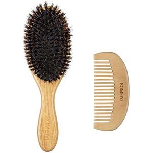 BOMEIYI 100% haarborstelset met varkenshaar (medium). Zachte natuurlijke haren voor dun en fijn haar. Herstel glans en textuur. Inclusief houten kam en reistas.