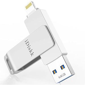iDiskk 64 GB iPhone-fotostick met Apple Certified, iPhone-opslag, USB-geheugenstation voor iPhone/iPad, compatibel met de nieuwste iOS-pc Mac, iPhone USB-flashstation iPad-fotostick