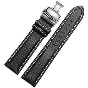 MENGKE 18mm 20mm 22mm 24mm herenhorloge band koolstofvezel horlogeband met rode gestikte + lederen voering roestvrij stalen sluitingslatband(White deploy clasp,23mm black clasp)