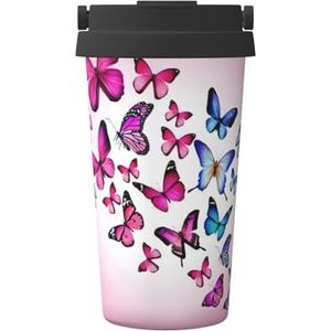 EdWal Roze vlinderprint 500 ml koffiemok, geïsoleerde campingmok met deksel, reisbeker, geweldig voor elke drank