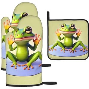 The Funny Frog Doing Yogaoven Wanten En Pan Rekken 3 Stuk Set, &* Ovenwanten Hittebestendig Voor Keuken Koken, Bakken En Meer.