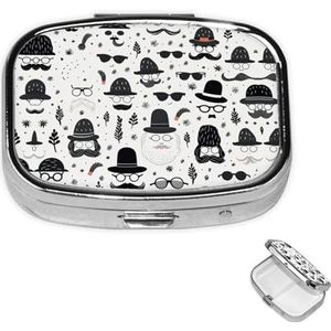 Pillendoosje rechthoekige pillendoos met 3 compartimenten pil organiseren baard hoed zwart wit patroon pillendoos kleine pillenorganizer waterdicht klein pillendoosje voor reizen pillencontainers voor