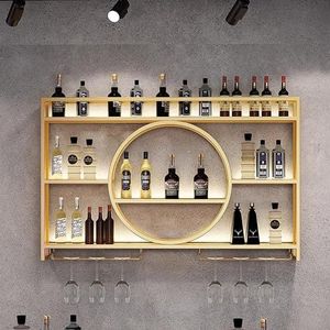 Wijnrek aan de muur gemonteerd, metalen wijnrek wijnhouder wijnfleshouder, wijnrekken met wijnglashouder flessenrek, industrieel wandgemonteerd wijnrek, wijnpakket displayrek (kleur: goud, maat