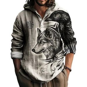 JHBTFQ Viking Heren Hoodie 3D-print Bamboe-linnen Stof Met Capuchon Kraag Knopen Shirt Lange Mouwen Noords Cadeau,Wolf raven,3XL