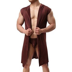 AIEOE Mouwloze badjas voor heren, ochtendjas, saunamantel met capuchon en ceintuur, sexy, dun (zonder slip)
