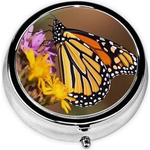 Pillendoosje met spiegel, retro pillendoosje met 3 vakken, monarchvlinder, kleine pillenorganizer voor portemonnee of zak, decoratieve metalen medicijnen, vitamine-organizer, unieke geschenken