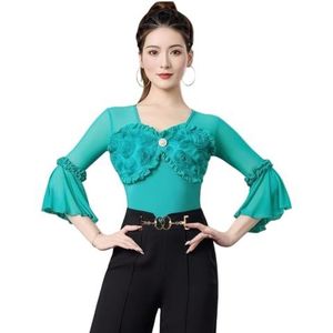 Tytyozay Dames Ballroom Latin Dans Bodysuit, 3D Bloemen Applicatie Top Elegant Eendelig Oefenpakje met 3/4 Uitlopende Mouwen en Drukknoopsluiting voor Ballet Latin Rumba Samba Jurk Rokken,Groen,L