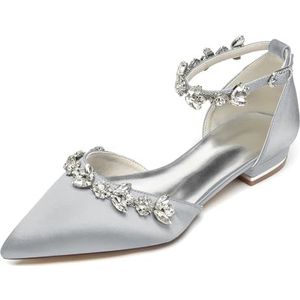 EICOFF Bruidsschoenen voor Dames Lage Hak Flats Pumps Gesloten Teen Trouwschoenen Enkelband Sandalen Strass Satijnen Trouwjurk Schoen,Zilver,36 EU