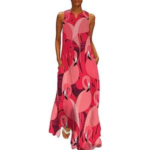 Roze flamingo's met palmbladeren dames enkellengte jurk slim fit mouwloze maxi-jurk casual zonnejurk 5XL