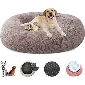 Kalmerend hondenbed pluche donut huisdier bed, pluizig rond knuffelkussen puppy wasbaar afneembaar anti-slip bodem hond kat bed - beige bruin||Ø110cm/43