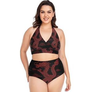 Zwart Rood China Draak Vrouwen Bikini Sets Plus Size Badpak Twee Stukken Hoge Taille Strandkleding Meisjes Badpakken, Pop Fashon, 4XL