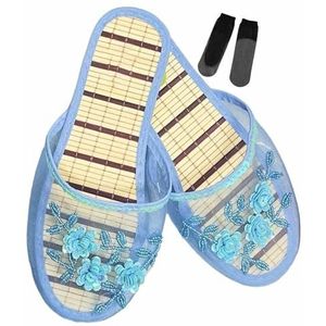 Chinese mesh pantoffels for dames, bloemen, ademend mesh, Chinese sandaalpantoffels met sokken (Color : Blue, Size : 40 EU)