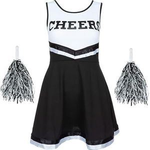 Cheerleader verkleedkostuum voor meisjes, feest, Halloween, proost, outfit met pompons (zwart, 10-12 jaar)