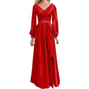 Prinses Bruidsmeisje Jurken Lange Mouw Galajurken V-hals Satijn Formele Avondfeest Maxi Jurk ZM200, Rood, 32