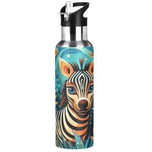 Bos Bloem Dieren Zebra Sport Water Fles Geïsoleerde Rvs Grote Vacuüm Fles Lekvrije Thermos met Riet voor Reizen (600ml/1000ml)