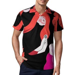 Grafische rode flamingo onder rozen heren golfpoloshirt slim fit T-shirts korte mouw casual print tops 5XL