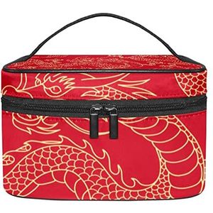 Zomer Fruit Watermeloen Rood Groen Make-up Tas voor Vrouwen Meisjes Cosmetische Tassen met Handvat Reizen Make-up Organizer Tas, China Mythe Gouden Draak Rood, 8.9x5.9x5.4 Inches, Make-up zakje