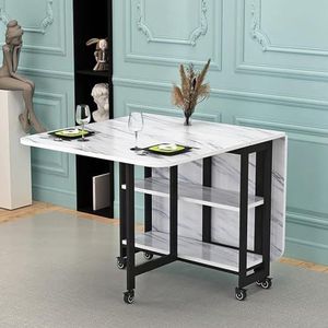 Opvouwbare eettafel met 6 wielen, mobiele opvouwbare eettafel met 2-laags opbergrek, for 4-6 personen, eetkamertafel met metalen frame en houten plank, eenvoudige montage (Color : Marble, Size : Sva