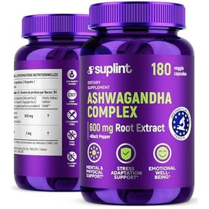 Ashwagandha Capsules, 600 mg wortelextract met 5% withanoliden, hoge dosis, 180 veganistische capsules, laboratoriumgetest, GMP-gecertificeerd, voorraad van 3 maanden (1 verpakking)