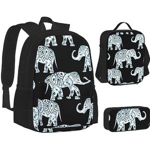 BONDIJ Olifant-blauwe zwarte rugzakken voor school met lunchbox etui, waterbestendige tas voor jongens meisjes leraar geschenken, Olifant-blauw Zwart, Eén maat