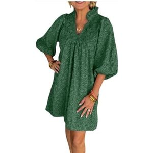 KIKIATA Jacquard-mini-jurk met pofmouwen voor dames, schattige babydoll-jurken, modieuze geplooide vloeiende zonnejurk, losse V-hals, bloemenjurken, casual jurken voor vrouwen, bruiloftsgast (groen,