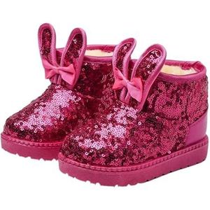 QAUUCP Sneeuwlaarzen voor meisjes, sneeuwlaarzen voor meisjes, pailletten, konijnenoorboog, instappers, pluche schoenen, zachte schattige bling enkellaarzen, warm voor meisjes, Roze, 35 EU