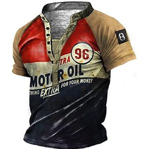 MINNAQ Heren Distressed Henley Shirt Motorolie 3D Gedrukt T-shirts Korte Mouw Vintage Casual Sport T-shirt Tops, # 1, M
