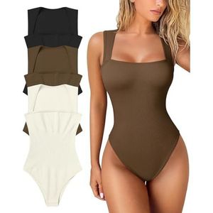 Mouwloos Buikcontrole-bodysuit, Sexy Geribbelde Vierkante Hals Naadloze Compressie Billenliftende Shapewear For Dames Sexy Vierkante Hals Mouwloze Tanktops Body's(3pcs-D,XXL)