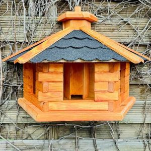 DARLUX Handgemaakt vogelvoederhuis XL vogelhuis weerbestendig geglazuurd hout voederplaats hangend bruin, bitumen shingles dak zwart