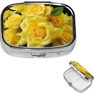 Gele roos pillendoos 2 compartimenten, kleine pillendoos voor portemonnee en zak, metalen pillenetui met spiegel, dagelijkse pillenorganizer, draagbare medicijnvitaminehouder, uniek cadeau