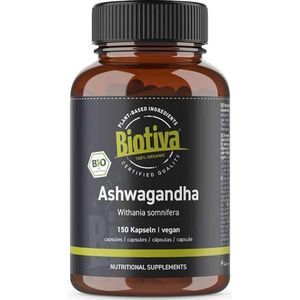 Biotiva Ashwagandha Organische Capsules - 1500mg Dagelijkse Dosis - Withania Somnifera - Indiase Ayurveda - 150 Capsules zonder Toevoegingen - Hoogste Zuiverheid - Gebotteld in Duitsland (DE-ÖKO-005)