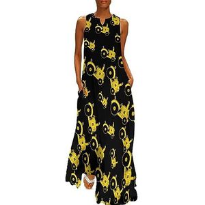Cartoon tractor dames enkellengte jurk slim fit mouwloze maxi-jurken casual zonnejurk XL