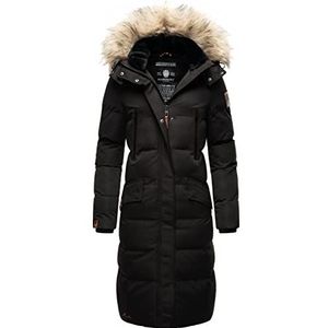 MARIKOO Sneeuwsterntje Winterjas voor dames, warme gewatteerde jas, lang met afneembaar kunstbont en capuchon, XS - XXL, zwart, XXL